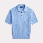 Kabelgebreide Katoenen Polo Trui Lichtblauw